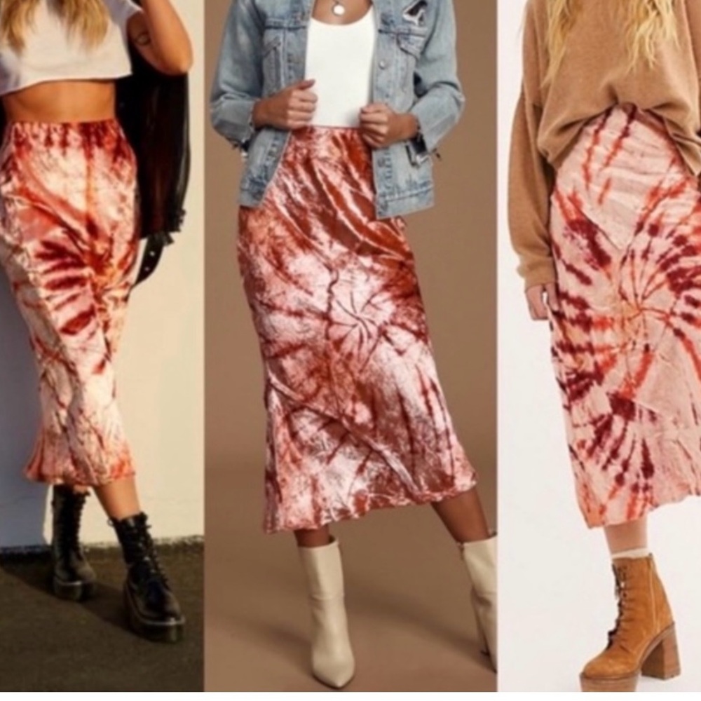 FP Movement by Free People Red and Orange Tie-Dye Midi Skirt